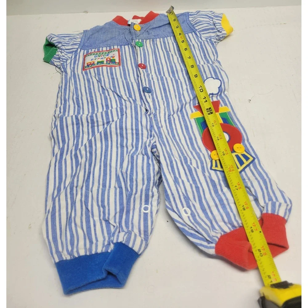 Vintage Union Express Train Romper 6-9 Months Blue White Striped Cotton Baby‎